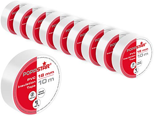 POPPSTAR PVC Isolierband 10m (18mm breit, 0,18mm stark), weiß, 10 Rollen von POPPSTAR