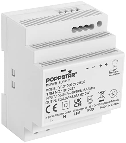 Poppstar Hutschienen-Netzteil P-100-24- 24V 3,83A 92W (Input 100-240 V AC 50/60 Hz, Output 24 V DC 3,83 A 92 W) von POPPSTAR