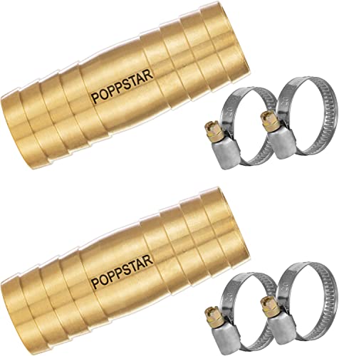 Poppstar 2er-Set Messing Gartenschlauch-Verbinder 3/4 Zoll Set mit 4 Stück Edelstahl-Schlauchschellen für 3/4“ (19mm) Gartenschlauch von POPPSTAR