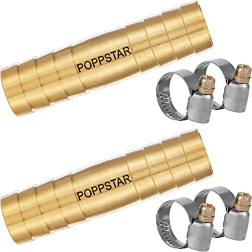 Poppstar 2er-Set Messing Schlauchverbinder 1/2 Zoll-Set mit 4 Stück Edelstahl-Schlauchschellen für 1/2“ (12,7mm) Gartenschlauch von POPPSTAR