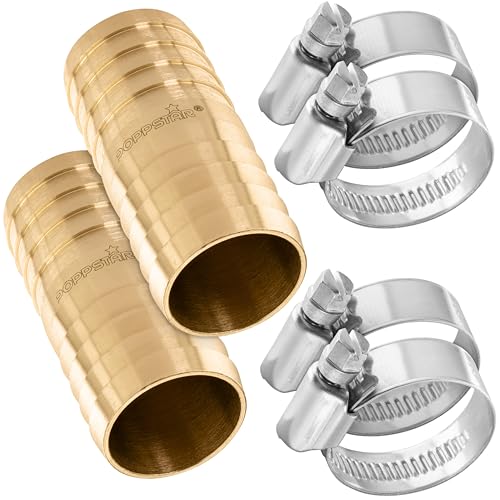Poppstar 2er-Set Messing Schlauchverbinder 1 Zoll mit 4 Stück Edelstahl-Schlauchschellen für 1" (25mm) Gartenschlauch von POPPSTAR