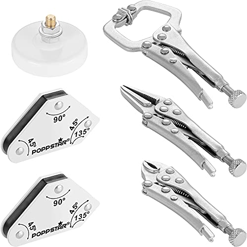 Poppstar 2x Mini Magnet-Schweißwinkel (45° 90° 135°), Schweißzubehör-Set:1x Magnet-Masseklemme, C-Zwinge, Grip-Zange, Nadelzange von POPPSTAR