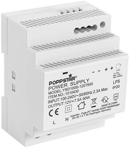 Poppstar Hutschienen-Netzteil P-100-12- 12V DC 7,5A 90 W (Input 100-240 V AC 50/60 Hz) DIN Rail Netzteil 12 V Trafo für Hutschienen 70 * 90 * 58mm von POPPSTAR