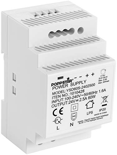 Poppstar Hutschienen-Netzteil P-60-12- 24V DC 2,5 A 60 W (Input 100-240 V AC 50/60 Hz) DIN Rail Netzteil 24 V Trafo für Hutschienen 52,5 * 90 * 58mm von POPPSTAR