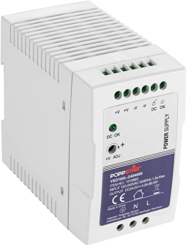Poppstar Ultra-Slim 24V Netzteil für Hutschiene (24V DC 4 A 96 Watt) DIN Rail Netzteil (mit PFC, 96W) Trafo für Hutschienen 55x100x92mm von POPPSTAR