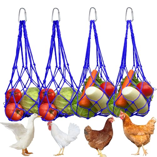 4 Stück Hühner Futternetz zum Aufhängen, Hängendes Futter Netz für Hühner, Enten & Gänse, Hühnerfutterbeutel mit Haken,Praktische Hühnerzubehör,Spielzeug für Hühner(Blau) von POPSKEETER