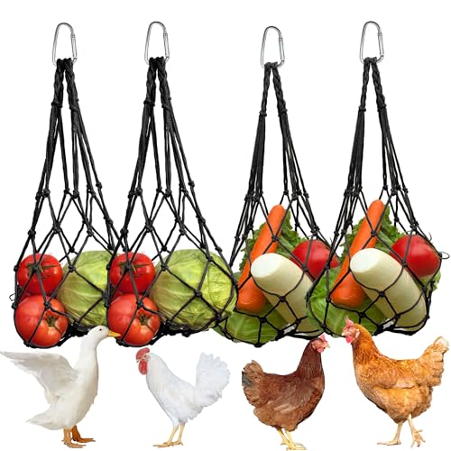 4 Stück Hühner Futternetz zum Aufhängen, Hängendes Futter Netz für Hühner, Enten & Gänse, Hühnerfutterbeutel mit Haken,Praktische Hühnerzubehör,Spielzeug für Hühner(Schwarz) von POPSKEETER