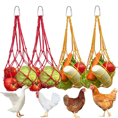 4 Stück Hühner Futternetz zum Aufhängen, Hängendes Futter Netz für Hühner, Enten & Gänse, Hühnerfutterbeutel mit Haken,Praktische Hühnerzubehör,Spielzeug für Hühner von POPSKEETER