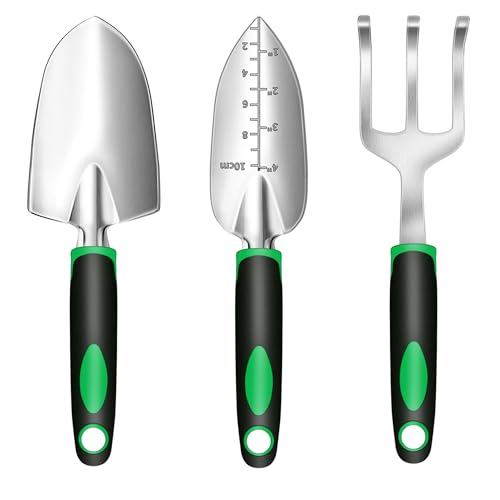 Gartenwerkzeug-Set 3-teilig mit Gartenschaufel, Breitschaufel & Harke – Gartengeräte für Frauen und Männer, Rostfrei, Verbiegt Sich Nicht, Ideal für Beete, Kübel, Balkon & Hochbeet von POPSKEETER