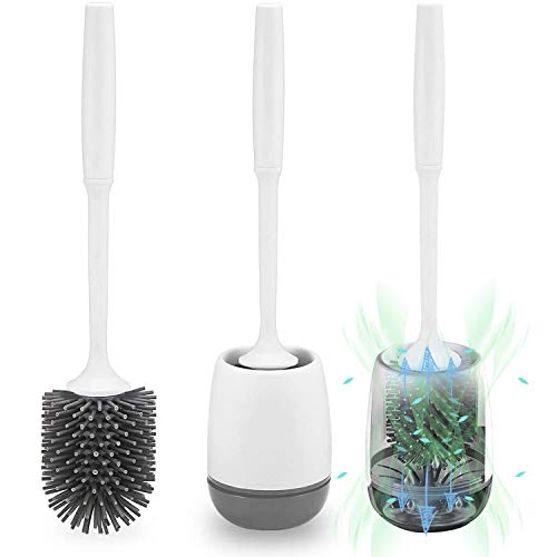 Klobürste Silikon, Toilettenbürste WC Bürste mit Halter Wandmontage & Stehen Silikon mit Schnell Trocknendem Haltersatz für Badezimmer – Weiß (Grau& Weiß) von POPTEN