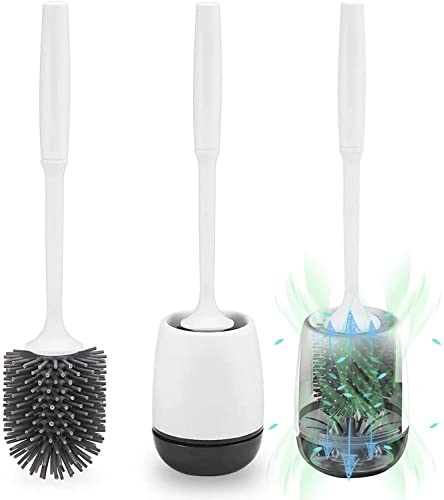 Klobürste Silikon, Toilettenbürste WC Bürste mit Halter Wandmontage & Stehen Silikon mit Schnell Trocknendem Haltersatz für Badezimmer – Weiß (Schwarz & Weiß) von POPTEN