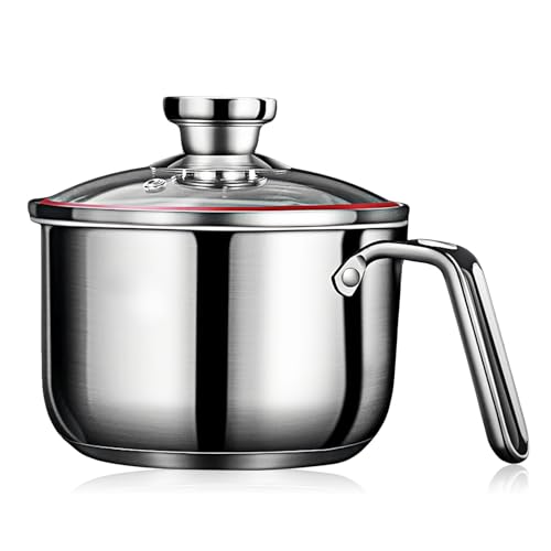 14CM Milchtopf Induktion, 1.25L Milchtopf Mit Ausgießer, Edelstahltopf Mit Glasdeckel Mit Deckel, Edelstahl Universaltopf, Spülmaschinengeeignet, Doppelwandig Für Gas Elektro Induktion von PORFOYO