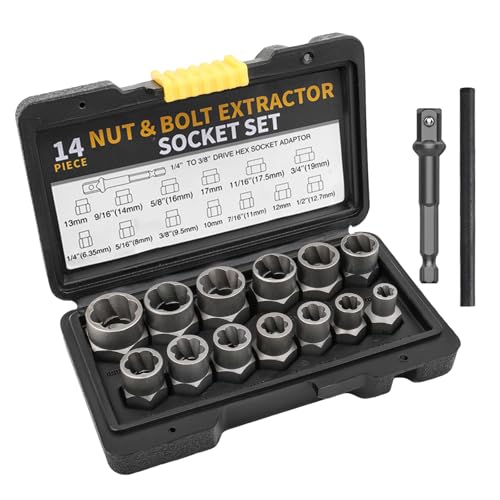15-Teiliges Muttern Entferner Set, Schraubenausdreher Satz, Linksausdreher Set, Mutternsprenger-Ausdreher Set-Nut Remover Set, Screw Extractor Set für Muttern, Schrauben und Bolzen (6,35-19mm) von PORFOYO