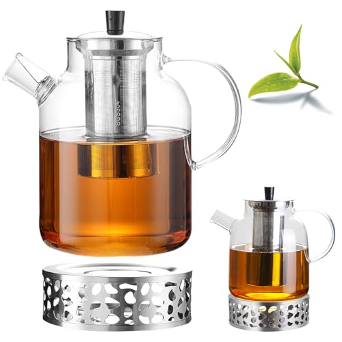 1800ML Teekanne mit Siebeinsatz, Teekanne Glas, Borosilikatglas Teeservice mit Edelstahl Erhitzer, Glas Teekanne, Teewärmer Edelstahl für Losen Tees Duftender Tee Fruchttee von PORFOYO
