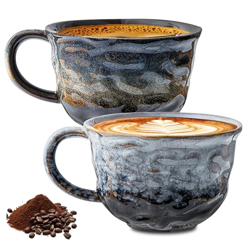 2 Stück Cappuccinotassen Set Steingut, 260ml Handgefertigt Porzellan Kaffeetassen Set, Kreatives Design Keramik Teetassen Geschenk, für Büro und Zuhause (Marmor Grau+Sternenmuster) von PORFOYO