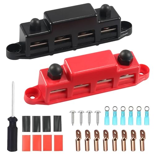 2 Stück Sammelschiene 12V - 48V DC, Sammelschienen Verteilerblock mit 4 x M8 Klemmenbolzen, 250A Sammelschiene Block, Stromverteilungsblock, BusBar Box für Auto RV Boat Yacht Marine (Schwarz, Rot) von PORFOYO