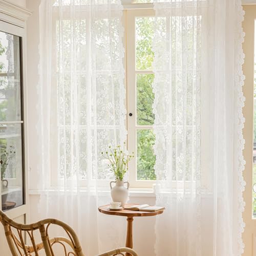 2er Set Weiße Spitze Vorhang, Blumen Stickerei Voile Vorhang, B150 x H200 cm, Vintage Bestickte Voile Spitzenvorhänge, Transparent Vorhang, Gardinen für Schlafzimmer Wohnzimmer Terrasse Hochzeit Dekor von PORFOYO