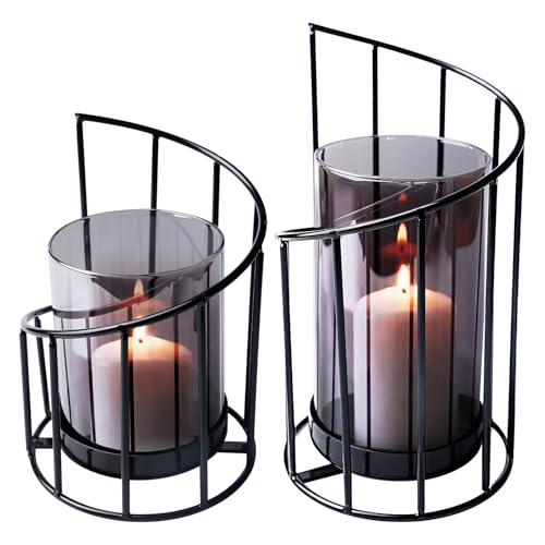 2er Set Windlicht Glas Kerzenständer, Kerzenhalter Stumpenkerzen, Windlicht Kerzenständer Deko Wohnzimmer, Kerzenständer Schwarz Metall, Kerzenständer Glaszylinder Für Wohnzimmer Schlafzimmer Kamin von PORFOYO