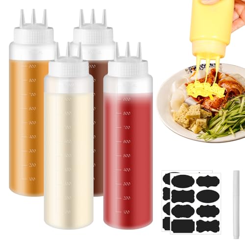 4 Stück Squeeze Flasche 1000ml Quetschflasche Mit Kappen, Saucenflaschen Quetschflaschen Aus Kunststoff Mit 3 Spritzdüsen, Aufkleber, Mit Messskala Spritzflaschen Für Saucen, Ketchup Und Salatdressing von PORFOYO