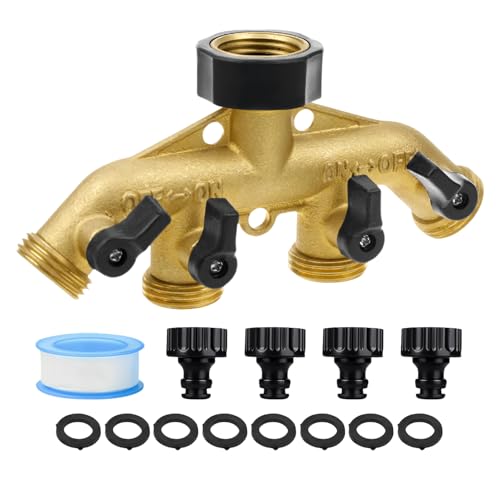 4-Wege-Verteiler, 3/4" Gartenschlauch-Verteiler aus Messing mit 4 Unabhängig EIN Aus Ventile, Garten Schlauch 4 Wege Wasserhahn Verteiler, Einstellbarer Wasserverteiler 4fach mit 4 Schlauch Adapter von PORFOYO