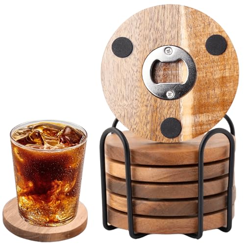 6 er Set Glasuntersetzer Holz mit Flaschenöffner, Untersetzer Holz, Glasuntersetzer, Korkuntersetzer Rund, Untersetzer Gläser Für Getränke,Bar,Glas,10 * 1 * 10cm von PORFOYO