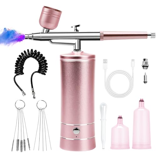 Airbrush Set Mit Kompressor, Airbrush Kit Mit Kompressor, Tragbare Usb Aufladbare Doppelaktion Für Nägel Airbrush Set Farbset Modellfärbung, Nagelkunst, Tattoos (Rosa) von PORFOYO