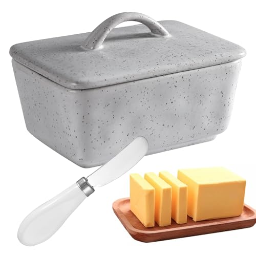 Butterdose Keramik mit Deckel, Butterglocke, Butterdose Porzellan, mit Buttermesser, Butterdosen, für Tisch und Tafelaufsätze, Spülmaschinenfest, 350ML, Grau Butterdose Keramik mit Deckel, Butterglocke, Butterdose Porzellan, mit Buttermesser, Butterdosen, für Tisch und Tafelaufsätze, Spülmaschinenfest, 350ML, Grau von PORFOYO