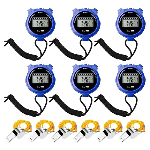Digital Sport Stoppuhr Timer,6 Stück Digitaler Sport Stoppuhr Timer Kommt Mit 6 Pfeifen,Handheld Chronograph,wasserdichte,Wecker,Kalender,Digitale Stoppuhr Für Sport,Schwimmen(Blau) von PORFOYO
