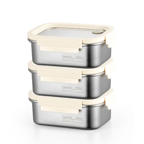 Edelstahl Frischhaltedosen mit Deckel, 3 Stück Auslaufsichere Meal Prep Boxen, Stapelbare Vorratsdosen mit Deckel Luftdicht, Edelstahl Brotdose für Küche Speisekammer und Kühlschrank, 800ml von PORFOYO