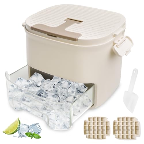 Eiswürfelbehälter mit Deckel – Eiswürfelform 52 Eiswürfel, Eiswürfelbereiter Eiswürfelbox mit 2 Eiswürfelschalen, Eiskübel & Schaufel – Food-Grade PP Eiswürfelbehälter für Gefrierschrank (Beige) von PORFOYO