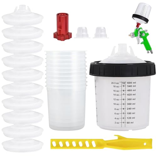 Farbmischbecher Kit, Farbspritzpistolenbecher Set 600ml Lackmischbecher Farbspritzpistole Mischbecher Lackierzubehör Mit 10 Tassen Und Deckel System, 2 Stecker, Hartbecher Mit Haltering, Cup Adapter Farbmischbecher Kit, Farbspritzpistolenbecher Set 600ml Lackmischbecher Farbspritzpistole Mischbecher Lackierzubehör Mit 10 Tassen Und Deckel System, 2 Stecker, Hartbecher Mit Haltering, Cup Adapter von PORFOYO
