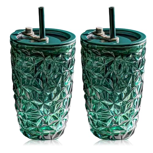 Grün Trinkbecher mit Deckel und Strohhalm Glas 2er Set, 400 ml Bubble Tea Becher Trinkgläser Glasbecher Smoothie Becher, Eiskaffee Gläser Tassen, Iced Coffee Glas für Saft, Kaffee, Wasser, Tee Grün Trinkbecher mit Deckel und Strohhalm Glas 2er Set, 400 ml Bubble Tea Becher Trinkgläser Glasbecher Smoothie Becher, Eiskaffee Gläser Tassen, Iced Coffee Glas für Saft, Kaffee, Wasser, Tee von PORFOYO