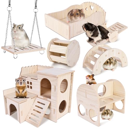 Hamster Spielzeug Haus Hamsterkäfig Zubehör: 7 Stück DIY Holz Hamster Kauspielzeug, Meerschweinchen Spielzeug Hamsterrad Brücke Schaukel Hamster Haus für Rennmäuse Ratten Zwerghamster Chinchilla von PORFOYO