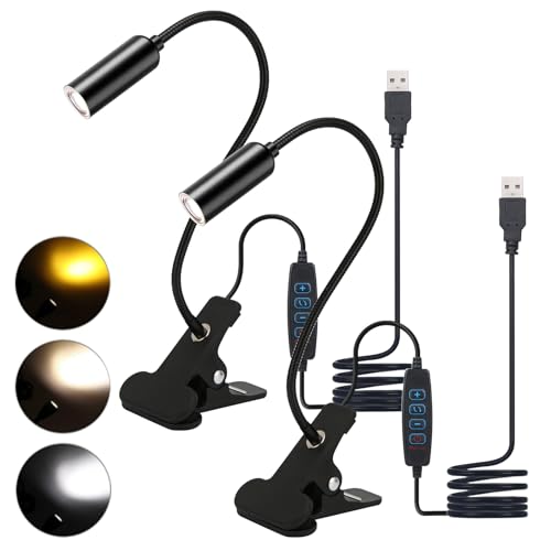 Leselampe Bett Klemme, 2 Stück Leselampe Buch Klemme, LED Schreibtischlampe Klemmbar mit 3 Farbtemperaturen, Dimmbare Klemmlampe Bett mit 360° Flexiblem Schwanenhals, Klemmleuchte für Arbeiten Reisen von PORFOYO