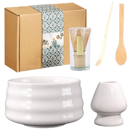 Matcha Set 5-Teilige Matcha Tee Set Matcha-Schneebesen Set Mit Matcha Schale Aus Keramik, Matcha Besen, Matcha Löffel, Teeset Teezubereitungsset Matcha-Tee-Set Geschenkbox Für Freunde Familie (Weiß) von PORFOYO