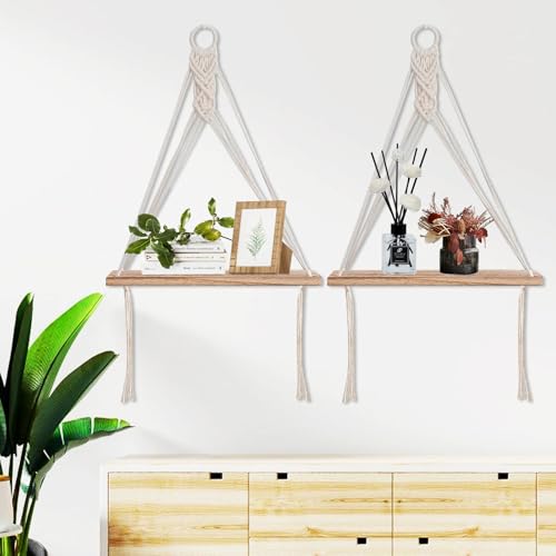 PORFOYO 2er Set Handgewebte Schweberegal - Holz Hängeregal Boho Deko, Naturholz für Wohnzimmer, Balkon, Schlafzimmer, Kinderzimmer, Braun von PORFOYO