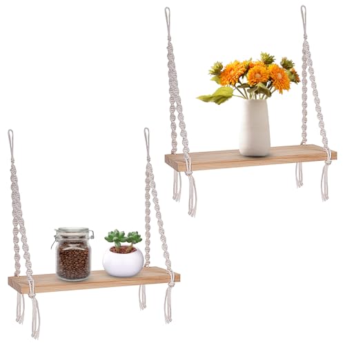 PORFOYO 2er Wandregal Holz, Ohne Bohren Makramee Hängeregal, Boho Deko Wandregal, Wanddeko Boho, Makramee Wandbehang Schweberegal, Schwimmende Regale für Wohnzimmer, Schlafzimmer, Badezimmer PORFOYO 2er Wandregal Holz, Ohne Bohren Makramee Hängeregal, Boho Deko Wandregal, Wanddeko Boho, Makramee Wandbehang Schweberegal, Schwimmende Regale für Wohnzimmer, Schlafzimmer, Badezimmer von PORFOYO