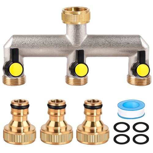 PORFOYO 3-Wege Wasserhahn Wasserverteiler, 3 Wege Verteiler Wasser, Wasserverteiler 3 Wege 3/4 Zoll Wasseranschluss Verteiler Wasserhahn Verteiler Aus Messing Für 3 Geräte/Gartenschläuche von PORFOYO