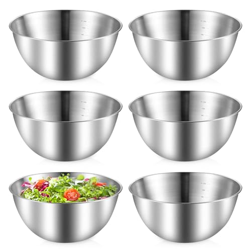 PORFOYO 6 Stück Edelstahl Schüssel, Ø 19.3 Cm Salatschüssel, 1.2 L Rührschüssel Salatschüssel Set, Edelstahlschüsseln Mit Messmarken Für Müslischale, Dipschale, Snackschale, Servierschale von PORFOYO