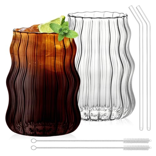 PORFOYO Gerippte Trinkgläser Mit Glasstrohhalmen, 2Pcs Iced Coffee Glas, 530ml Wassergläser, Cocktailgläser, Getränkegläser, Eiskaffee Gläser, Gerippte Cocktail Bubble Milch, Wasser, Soda PORFOYO Gerippte Trinkgläser Mit Glasstrohhalmen, 2Pcs Iced Coffee Glas, 530ml Wassergläser, Cocktailgläser, Getränkegläser, Eiskaffee Gläser, Gerippte Cocktail Bubble Milch, Wasser, Soda von PORFOYO