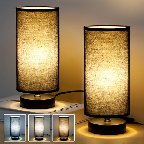 PORFOYO Nachttischlampe Touch Dimmbar 2er Set, Nachttischlampe, Tischlampe Modern mit Kabelschalter, Tischlampe Klein für Schlafzimmer, Wohnzimmer, Büro, Stoffschirm schwarz von PORFOYO