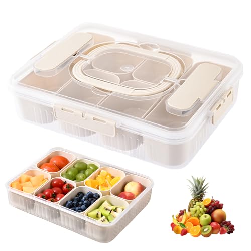 PORFOYO Snackbox Mit 8 Fächern Und Deckel, Snackbox Mit Fächern Und Gabeln, Snackschale Mit Deckel Und Griff, Snackteller Mit Griff, Für Süßigkeiten Obst Keksen Dessert Gemüse Nüsse von PORFOYO