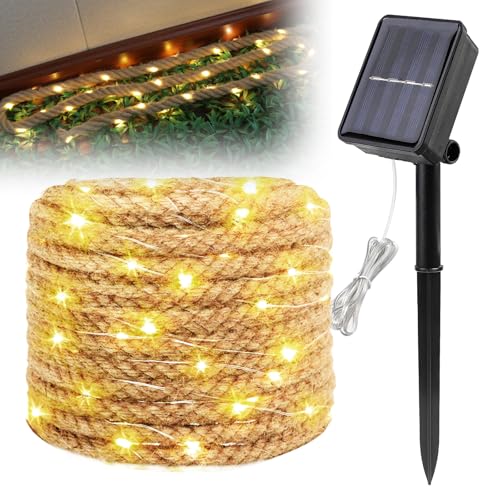 PORFOYO Solar Lichterkette Aussen, 7m 100 LED Lichterkette Außen Solar, Solar Lichterkette Cord Light, Solar Hanfseil Lichterkette Mit 8 Blinkenden Modi Für Garten Terrasse Baum Hof Party von PORFOYO