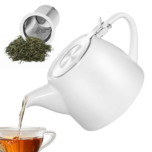 PORFOYO Teekanne mit Siebeinsatz, 500ML Teekanne Keramik mit Herausnehmbarem Edelstahl-Teesieb, Teapot Ceramic, Edelstahl Feinmaschiger Infuser Teekannes Porzellan für Längeren Teegenuss (Weiß) von PORFOYO