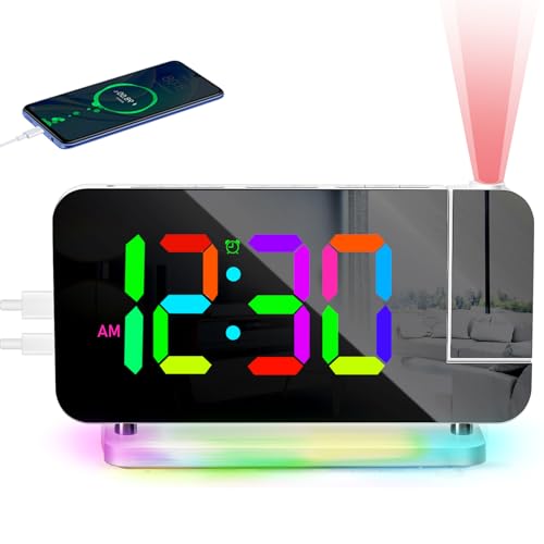 PORFOYO Wecker mit Projektion, Projektionswecker mit RGB-LED Spiegeluhr, 10 Farben Nachtlicht & 180° drehbarer Projektor, Digitaler Wecker mit USB-C, für Schlafzimmer Kinder Büro von PORFOYO