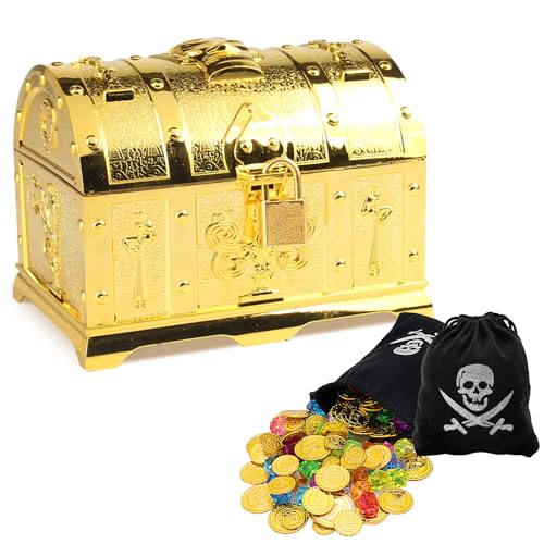 PORFOYO Pirat Schatztruhe Caribe, Schatzkiste Geburtstag, Schatztruhe Geburtstag, Piratenschatztruhe, Schatztruhe Klein mit Schloss, Deckel und Piraten Goldmünzen, für Aufbewahren und Dekorieren PORFOYO Pirat Schatztruhe Caribe, Schatzkiste Geburtstag, Schatztruhe Geburtstag, Piratenschatztruhe, Schatztruhe Klein mit Schloss, Deckel und Piraten Goldmünzen, für Aufbewahren und Dekorieren von PORFOYO