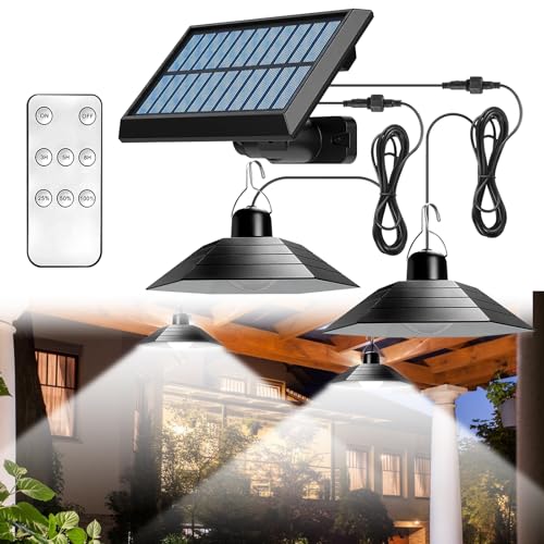 Solarlampen für Außen Innen,Solarleuchte mit Fernbedienung,LED Solar Hängelampen IP65 Wasserdichte,Solarlampen für Außen Hängend mit 3 M Kabel,Doppelköpfige Solar Pendelleuchte für Garten Terrasse von PORFOYO