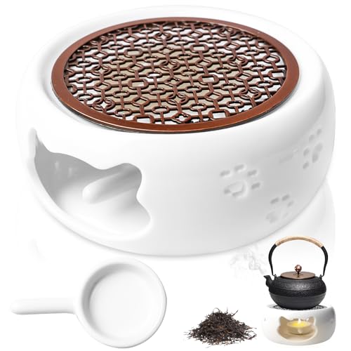 Stövchen Für Teekanne Keramik, Keramik Teekannenwärmer, Teekannenwärmer mit Kerzenhalter, Hohl Geschnitztes Design Kaffeewärmer, Teekannenwärmer Für Kaffee Tee,Weiß (Katzenform) von PORFOYO