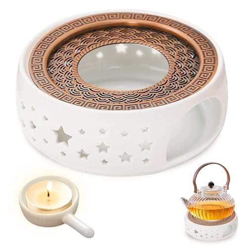 Stövchen Für Teekanne Keramik, Teewärmer Porzellan Mit Teelichthalter Und Herdmatte, Hohl Geschnitztes Design Teekannenwärmer Teestövchen Geeignet Zum Erhitzen Von Tee Und Kaffee (Stern) von PORFOYO