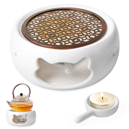 Stövchen für Teekanne, Teestövchen, Teekannenwärmer mit Kerzenhalter, Ringwand ist Hohlgeschnitzt, Stövchen Keramik für Die Wärmekonservierung von Tee und Kaffee Geeignet Ist, Weiß von PORFOYO